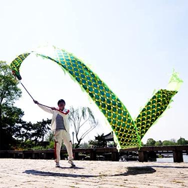 Imagem de 8 Meters (26.2 FT) Square Exercise Dance Dragon Poi with 3D Dragon Head and Swing Rope Combo, Chinese Dragon Dance Wulong Flowy Ribbon Streamer Outdoor Fitness Dragon Stage Prop Set (Golden Green)