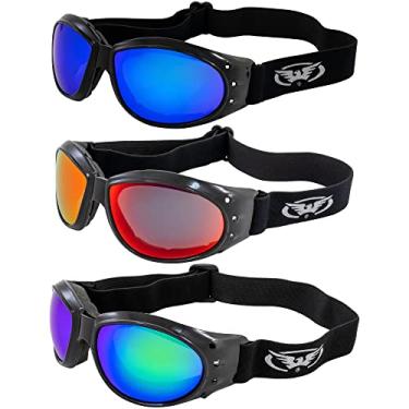Imagem de 3 pares de óculos acolchoados Global Vision Eliminator para motociclismo preto com lentes espelhadas azuis vermelhas e verdes