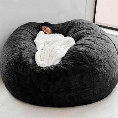 Imagem de Almofada para cadeira Capa de saco de feijão de pele sintética gigante Móveis grandes redondos macios fofos portáteis para sala de estar Capa de sofá-cama preguiçosa (sem enchimento), preta,