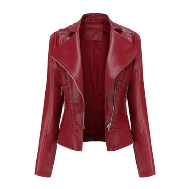 Imagem de Jaqueta feminina de couro com contas jaqueta feminina de manga comprida lapela roupas de motociclista jaqueta fina, Vermelho, G