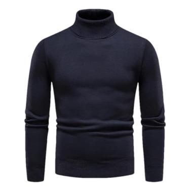Imagem de KANG POWER Suéter masculino de gola rolê tricotado outono inverno pulôver casual branco inferior camisas slim fit blusa fria, 7003 - azul-marinho, X-Small