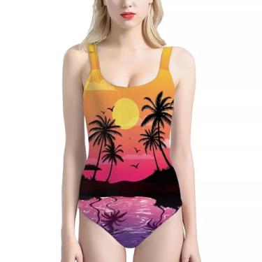 Imagem de Gzzxiailg Maiô feminino com decote em U, moda regata com controle de barriga, roupa de banho de verão, Pôr do sol, G