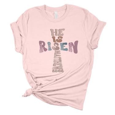 Imagem de Camiseta feminina de Páscoa com cruz cristã He is Risen camiseta de manga curta, Rosa claro, M