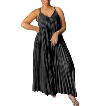 Imagem de Feminino verão Casual Long Dress Mangas Halter Plissado Praia Maxi Vestidos de Sol,Black,XL