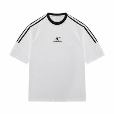 Imagem de VOLYMOON Camiseta masculina vintage Y2k camiseta de ombro grande unissex patchwork polo streetwear, Branco, G