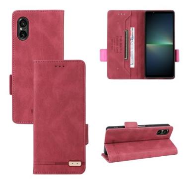 Imagem de Capa para Sony Xperia 5 V 2023 Capinha de couro PU com suporte para cartão case flip de proteção com fechamento magnético - Vermelho