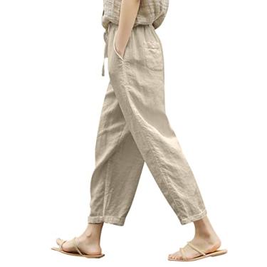 Imagem de Calça feminina de linho de verão com bolso solto, cintura elástica, perna larga, retrô, literária, lisa, calça feminina de verão, Cinza, 3G