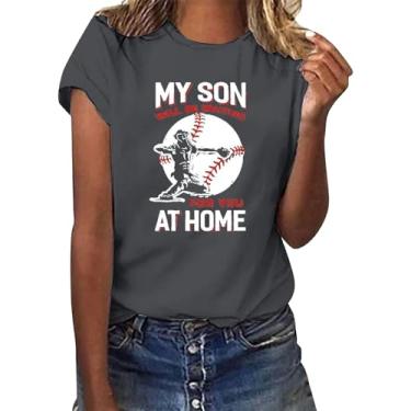 Imagem de PKDong Camiseta feminina de beisebol com estampa My Son at Home, manga curta, gola redonda, casual, verão, Cinza escuro, P