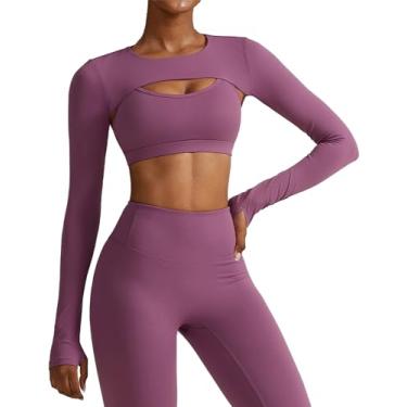 Imagem de Camisetas femininas de treino de manga comprida Bolero com capuz super cropped recortadas para ioga atlética, Gola redonda curta roxa, GG