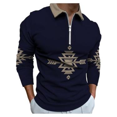 Imagem de Camisa polo masculina estampa tribal digital 3D pulôver meio zíper frontal manga longa, Azul-escuro, M