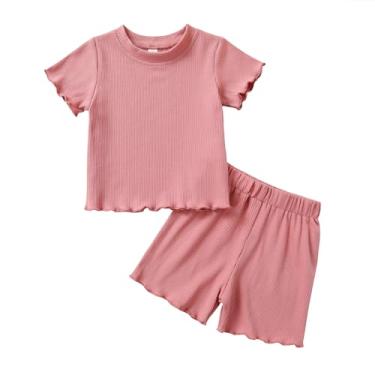 Imagem de YOUNGER TREE Conjunto de roupas infantis de manga curta de malha canelada para meninas, conjunto de roupas de verão, Rosa #1, 3-4 Anos