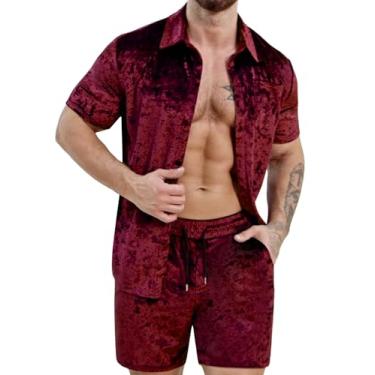 Imagem de ZSJR Conjunto masculino de 2 peças de camisa e shorts de veludo diamante, moda casual de 2 peças, Vinho tinto, P