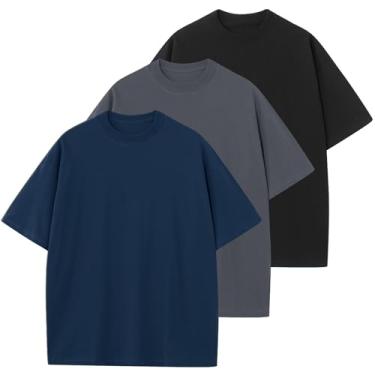 Imagem de KEEPSHOWING Camisetas masculinas de algodão grandes unissex manga curta gola redonda solta básica camiseta atlética lisa, Azul escuro + cinza escuro + preto, P
