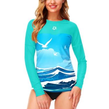 Imagem de Deerose Camiseta feminina Rash Guard de manga comprida com proteção solar para natação, Gaivota marinha azul-piscina, GG
