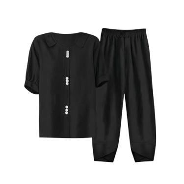 Imagem de Conjunto de duas peças para mulheres de verão, solto, cor sólida, manga curta, camisa de linho, calça de perna larga, combinando, Preto, Medium