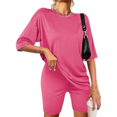 Imagem de Aoulaydo Conjunto de pijama feminino de 2 peças de verão com nervuras de malha combinando, camiseta e shorts de motociclista.., Barbie rosa, G