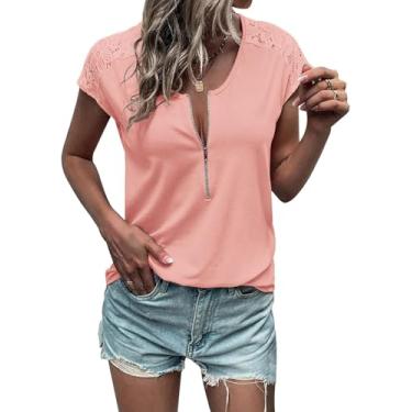 Imagem de Camisetas femininas de renda de manga curta com zíper e gola redonda e caimento solto, Rosa choque, P