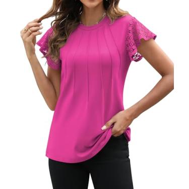 Imagem de Funlingo Camisetas femininas de verão de renda flutter de manga curta 2024 elegante casual plissado gola redonda túnica túnica de malha, Vermelho rosa, M