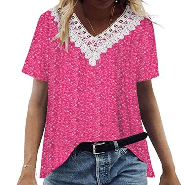 Imagem de Lainuyoah Camisetas femininas de verão 2024 boho acabamento em renda gola V caimento solto manga curta estampa floral elegante túnica blusa, A - rosa quente, XXG