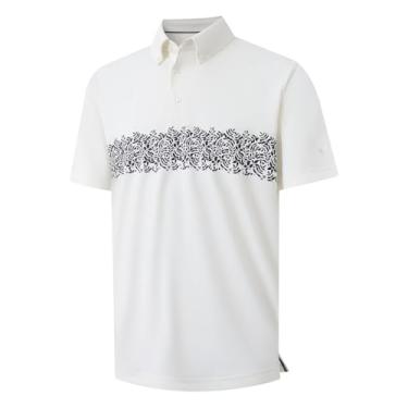 Imagem de Rouen Camisas de golfe masculinas de secagem rápida, absorção de umidade, estampa atlética no peito, casual, manga curta, camisas polo masculinas, Creme, G