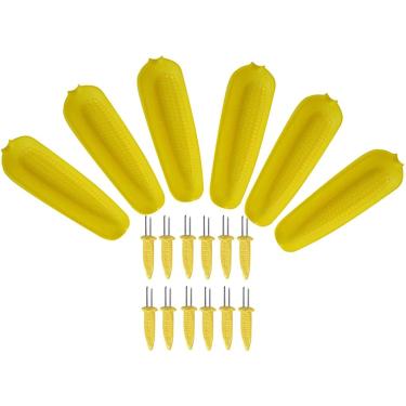 Imagem de Conjunto de 6 espátulas e pratos de milho para churrasco - conjunto de 18 peças: 6 grandes espátulas de plástico nos pratos de cobre e 12 suportes de milho. Mantenha as mãos limpas e livres de óleos e manteiga durante os churrascos