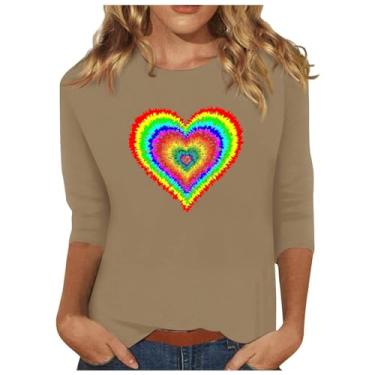 Imagem de Homisy 2024 Lindas camisas de coração para mulheres, manga 3/4, blusas casuais modernas, leves, grafite, verão, gola redonda, Caqui, M