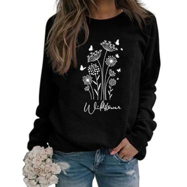 Imagem de OEFJIH Moletom feminino de flores silvestres engraçado, estampa floral, pulôver, casual, moderno, vintage, camiseta, Preto, GG