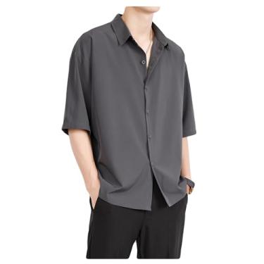 Imagem de Dressnu Camisa masculina de manga curta blusa de seda gelo de verão, Cinza, P