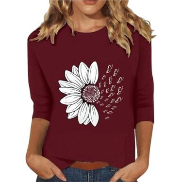 Imagem de Camiseta feminina com estampa floral, manga 3/4, gola redonda, caimento solto, casual, confortável, túnica para treino, Vinho, 4G