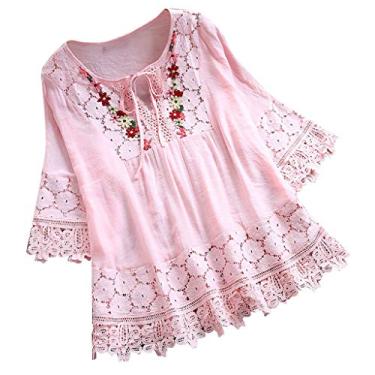 Imagem de Lainuyoah Blusas de trabalho femininas de linho de verão vintage laço patchwork renda gola V bordado manga 3/4 camisa retrô, A - rosa, 5G
