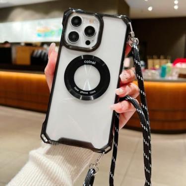 Imagem de Capa com alça de quatro cantos para iPhone 15 14 13 12 Pro XS Max X Plus 11 Pro cordão crossbody cordão à prova de choque capa magnética transparente, preta, para iPhone15 Pro Max