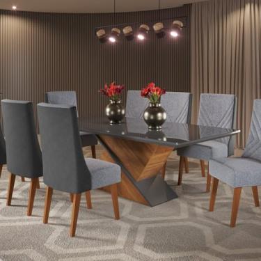 Imagem de Mesa de Jantar Retangular 200x90 Cecilia com 8 Cadeiras em Madeira Maciça Topazio Mel/Grafite/Linho Inox/Chumbo