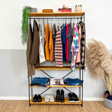 Imagem de Arara Armário Modular Industrial Ample de Ferro e Madeira Nozes e Pret