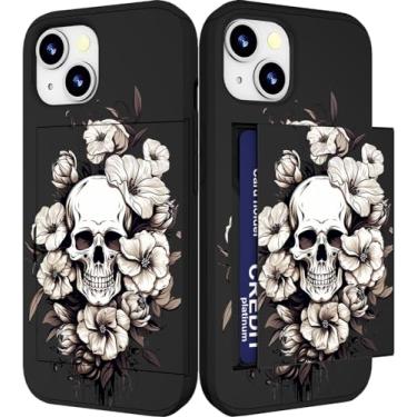 Imagem de IWONE Capa compatível com iPhone 14/15 Plus fofa com porta-cartões à prova de choque Slim Slot Phone 14/15 Plus capa carteira para mulheres/preto floral caveira flor esqueleto tatuagem legal