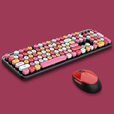 Imagem de Teclado e mouse sem fio USB 2,4 G, estilo máquina de escrever multicolorido, cores de doces fofas, compatível com notebook, desktop, Mac, Win XP/7/8/10 (104 teclas, vermelho)