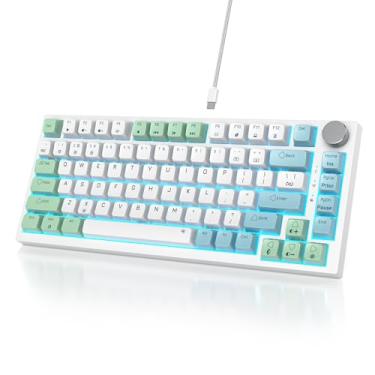 Imagem de Owpkeenthy Teclado mecânico 75% hot swappable com fio, teclado para jogos TKL 82 teclas lineares vermelho RGB retroiluminado com botão de volume, para PC Laptop (82 Mint)