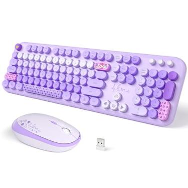 Imagem de Teclado e mouse sem fio, teclado retrô de máquina de escrever colorida SQMD com teclas redondas, conjunto de teclado e mouse USB de 2,4 GHz para Mac, PC, desktop, laptop (roxo colorido)