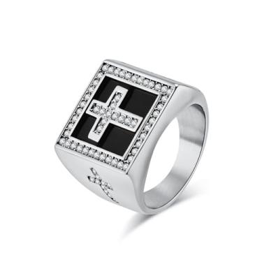 Imagem de SeiMios Anel de cruz masculino de aço inoxidável retrô vintage cruz cristã anel religioso tamanho 7-12, Aço inoxidável, Zircônia cúbica