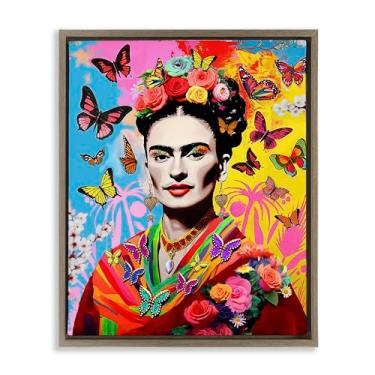 Imagem de Stupell Industries Design de arte de parede em tela flutuante com borboletas excêntricas Frida por Jess Stempel, moldura flutuante marrom, 63 x 78 cm