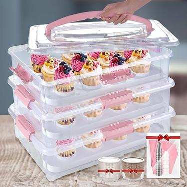 Imagem de ARC 3-tiers Cupcake Carrier (Pink) - Cupcake Holder and Cake Transport Container that Holds up to 36 Cupcakes or 3 Large Cakes - BPA-Free, with 2 Boxes of 100 Paper Cups, Decoration Tools, and Cake Cutter Included, Perfect for Parties & Gifts