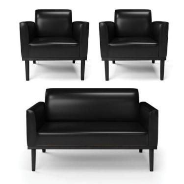 Imagem de Sofá Namoradeira Com 2 Poltronas Base De Madeira Fixa Preto Marisa Cor