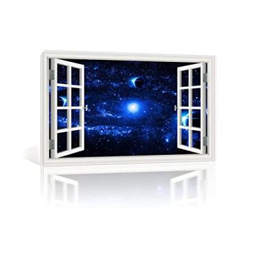Imagem de Impressão em tela emoldurada arte de parede 3D falsa janela - impressão de pintura de paisagem em tela - céu estrelado azul paisagem em tela - tela arte de parede janela vista imagem para decoração de
