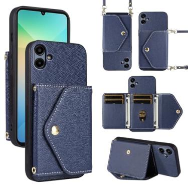 Imagem de Dibosom Capa carteira minimalista para Samsung Galaxy A05 com alça de ombro, bolsa flip fina e fina, suporte de cartão de crédito de couro PU acessórios para celular Ao5 A 05 mulheres homens azul