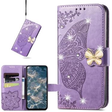 Imagem de CCSmall Capa carteira para OnePlus 13 para mulheres e meninas, capa flip de couro PU borboleta floral em relevo com suporte para cartão para OnePlus 13 strass roxo
