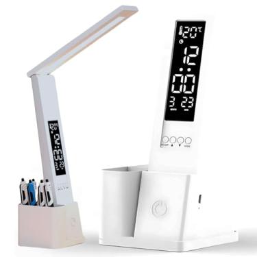 Imagem de Luminária LED de Mesa para Leitura com Relógio Digital e Porta Canetas, Luminária Multifuncional com Ângulo Ajustável e Controle de Luz, Estudo, Dormitório, Escritório, Quarto, Decoração