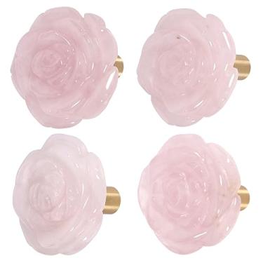 Imagem de Rockcloud Pacote com 4 puxadores de gaveta de cristal rosa puxadores de armário puxadores de flores para móveis, quartzo rosa