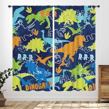 Imagem de Cortinas de dinossauro para meninos, desenhos animados coloridos, dinossauros para crianças, engraçado, azul escuro, safári, animais selvagens, tratamentos de janela para meninos e meninas, quarto de