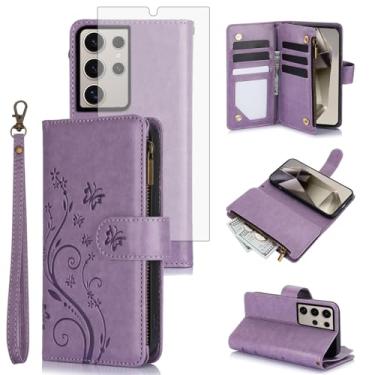 Imagem de Asuwish Capa de celular para Samsung Galaxy S24 Ultra 5G carteira celular com protetor de tela de vidro temperado alça flor flip zíper porta-cartão slot suporte suporte S24Ultra 24S S 24 24Ultra