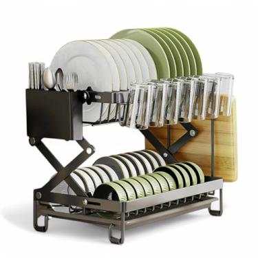 Imagem de Escorredor de Louça 2 Andares Expansivel Metal Preto Prato Talher Copo Tabua Cozinha