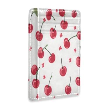 Imagem de Carteira fina minimalista de couro com bolso frontal, porta-cartões de crédito, cereja vermelha para homens e mulheres